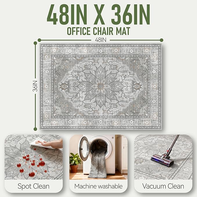 36"x48" Office Chair Mat for Hardwood, Under Desk Chair Mat for Home Office, Anti-Slip Office Rugs for Rolling Chairs, Floor Protector Washable Rugs Warm Gray