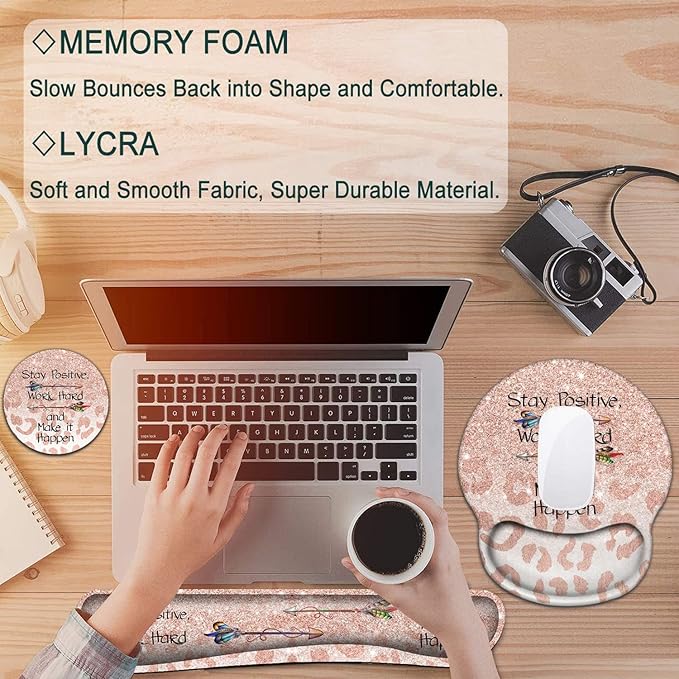 Keyboard Wrist Rest and Mouse Pad with Wrist Support, Ergonomic Gel Mouse Pad Coaster Easy Typing Pain Relief,Memory Foam Keyboard Mousepad Set,Stay Positive Work Hard and Make It Happen Leopard