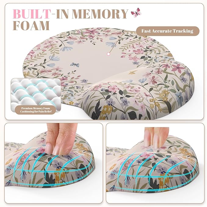 iCasso Desk Mat Set,Large Mouse Pad with Wrist Rest,Ergonomic Keyboard Wrist Support for Women,Girly Floral Computer Mat with Scalloped Edges,Non-Slip Desk Pad Home Office Gaming (Beige)