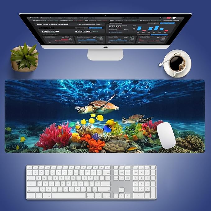 XXL Gaming Mouse Pad with Stitched Edges 31.5 x 11.8 Inches - Sea Turtle Underwater Wonderland Coral Reef and Marine Life, Smooth Surface Anti-Slip Base Large Desk Mat for Mice & Keyboard