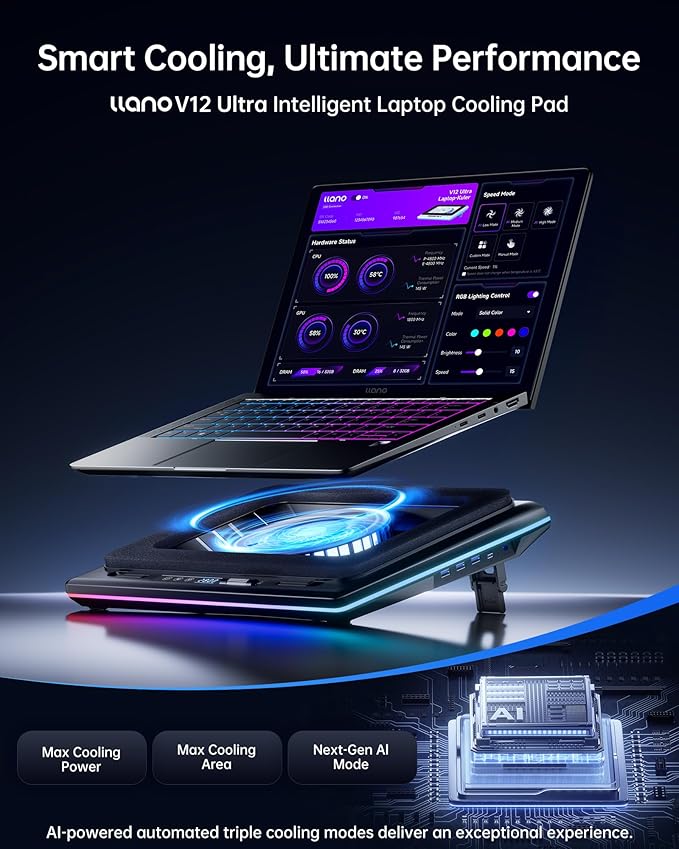 llano V12 Ultra Laptop Cooling Pad with Smart Software Control, RGB Gaming Laptop Fan Cooler Stand, 5.5" Turbo Fan, Adjustable Speed, 3-Port USB 3.0 Hub, 3 Height Stands, for 15.6"-19" Laptops, Black
