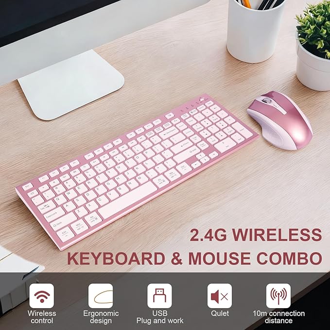 Wireless Keyboard and Mouse Set, 2.4G USB Silent Ultra-Thin Compact Full-Size Keyboard, Compatible with PC, Windows, Mac, MacBook (Rose Gold)