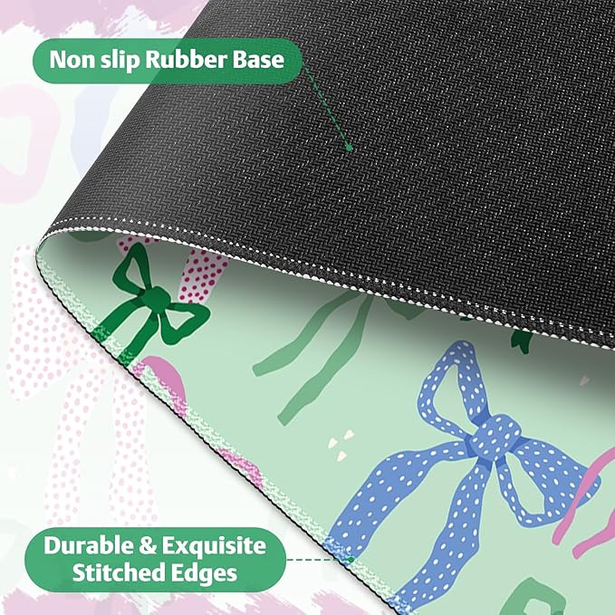 Cute Desk Pad Mouse Pad, Large Gaming Mouse Mat with Stitched Edges, Non-Slip Waterproof Rubber Base Mous Mat for Office Computer Keyboard Laptop Home Decor Women Girl (35.4X17.5 in), Green Pink Bows