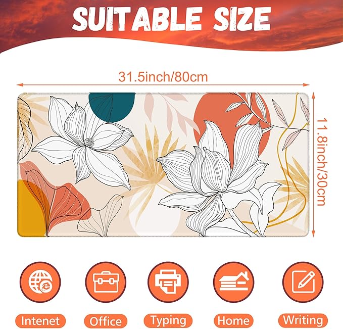 Floral Line Art Desk Pad, Large Gaming Mouse Pad, 31.5"x15.7" Extended Big Computer Keyboard Mouse Pad with Non-Slip Base and Stitched Edge