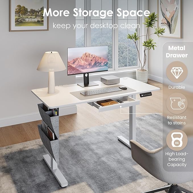 48" x 24" Electric Standing Desk with Drawers, Height Adjustable Sit Stand Desk with 3 Preset Heights Side Hook Storage Pocket Cable Clips Ergonomic Rising Home Office Computer Table, White