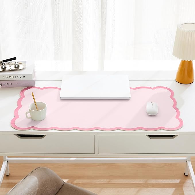 Scalloped Desk Mat, 31.5" x 15.7" Large Cute Pink Girls Women Aesthetic Desk Accessories, PU Leather Computer Laptop Desk Mat Mouse Keyboard Pad, Desk Writing Makeup Mat for Vanity/Work/Home Decor