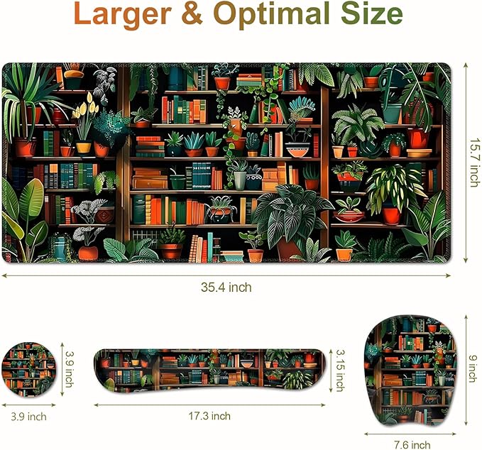 Mouse Pad with Wrist Support 4 in1 Set, XXL Big Game Mousepad + Keyboard Wrist Rest + Mouse Wrist Rest Pad +Coaster Gaming Mat for Home Office Work Computer Laptop PC I Green Vine Book Forest