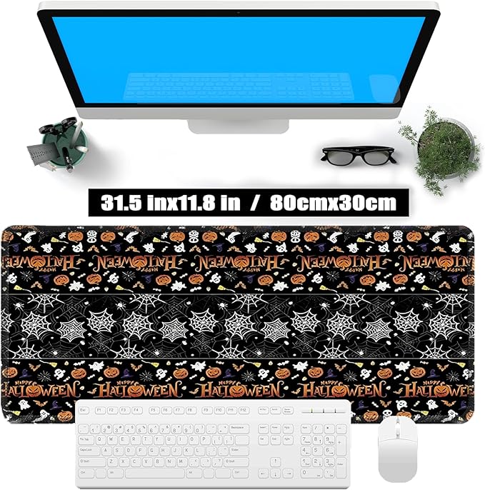 Halloween Themed Mouse Pad, Skeleton Ghost Pumpkin Head Pattern Large Gaming Desk Mat with Sewn Edges, Micro-Woven Fabric for Office and Home, 31.5x11.8in