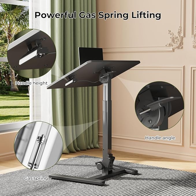 Foldable Standing Desk，Small Mobile Sit-Stand Desk with 90 Tiltable Top，Rolling Rising Laptop Workstation Adjustable Height，Portable Table on Hidden Wheels/4 Lockable Casters，Black