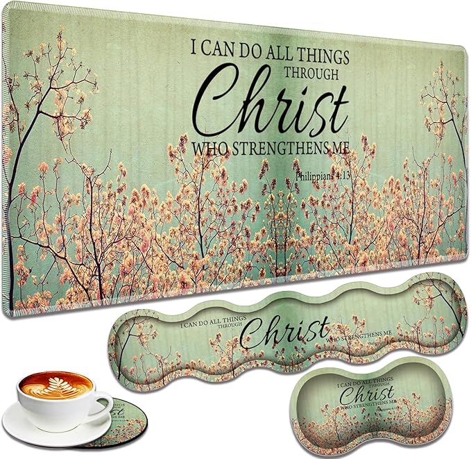 Large Gaming Mouse Pad + Keyboard Wrist Rest + Wrist Support + Coaster Set, Memory Foam Ergonomic for Easy Typing, XXL Extended Gaming Mouse Pad Table Pad - Sakura Philippians 4-13
