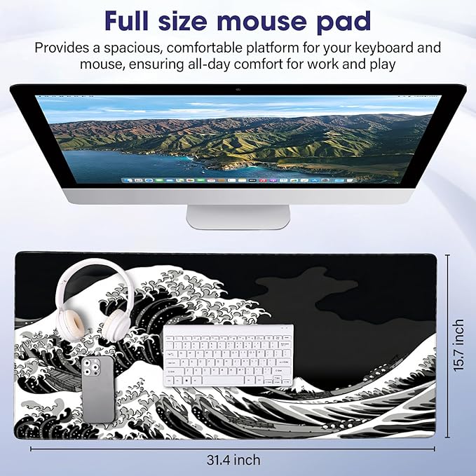 LifeWarrantly Japanese Sea Wave Large Gaming Mouse Pad – 31.5" x 15.7" Full Desk Mat, Non-Slip Rubber Base, Waterproof, Stitched Edges, Durable Surface for Esports, Office, Home