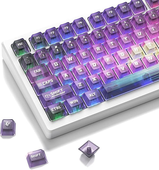 Retro Anime PBT Keycaps-Cherry Keycaps, Custom Keyboard Key caps 60 65 75 100 Percent, 5 Side Dye Sublimation 141 Keys Set for Cherry Gateron MX Switches Keyboards, White (Transparent Purple)