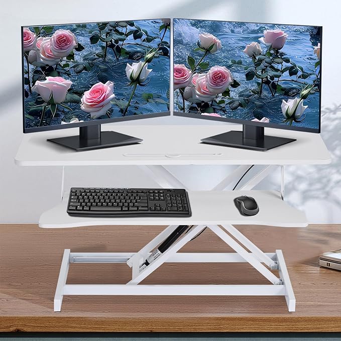 38-Inch Height Adjustable Standing Desk Converter, Duals Monitor & Laptop Riser with Wide Keyboard Tray, Sit to Stand Ergonomic Workstation for Home Office, School, Business, White