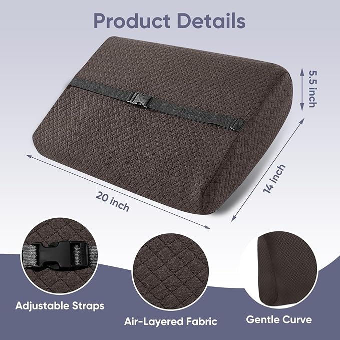 Extra Large Lumbar Support Pillow for Recliner, 20"x14"x5.5" Back Support Cushions with Back Strap, 100% Foam High Supportive, Durable, Soft-Coffee