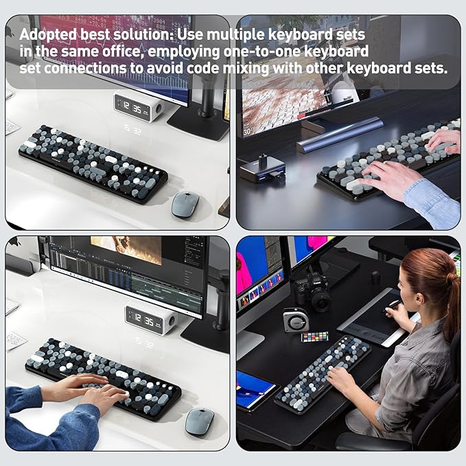 Cute Retro Wireless Keyboard and Mouse Combo with Round Key, 2.4Ghz Dropout-Free Connection, Typewriter Wireless Keyboard and Mouse Set for PC, Laptop, Desktop Computer - Grey Colorful