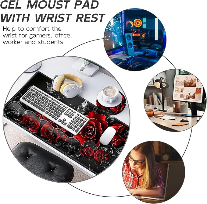 Gaming Mouse Pad Set, Swirl red Roses Large Desk Mat Mousepad, Keyboard Wrist Support, Mouse Wrist Rest, Coaster 4in1 Ergonomic Memory Foam, Non-Slip Stitched Edge for Home Office