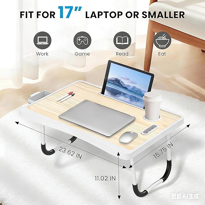 Laptop Bed Table with Storage & Cup Holder - Foldable Bed Table for Laptop, Portable Lap Desk Bed Tray for Breakfast in Bed, Writing, Reading, Working, Eating on Sofa or Floor