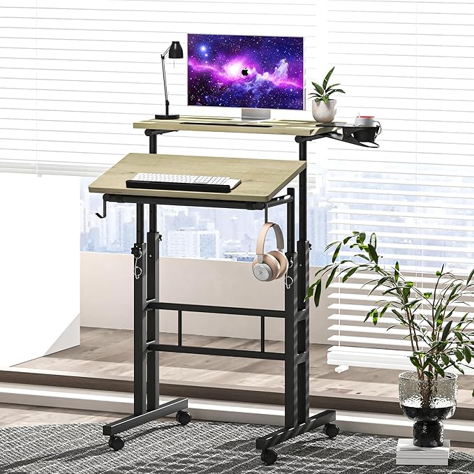 Klvied Stand Up Desk on Wheels, Portable Computer Desk for Home Office,Rolling Desk for Laptop with Removable Cup Holder, Adjustable Laptop Cart for Standing or Sitting,Grey