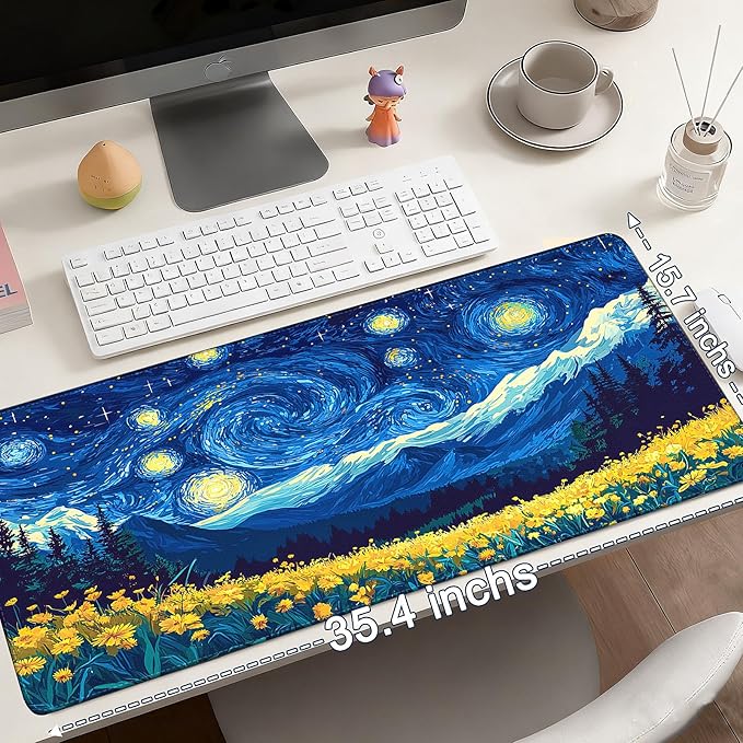 Mouse Pad Gaming - Desk Mat for Keyboard and Mouse - Van Gogh Starry Night Large Mouse Pads for Desk, Desks Pad Mat(35.4" X 15.7") with Non-Slip Base, Gaming Mousepad for Game, Office and Home