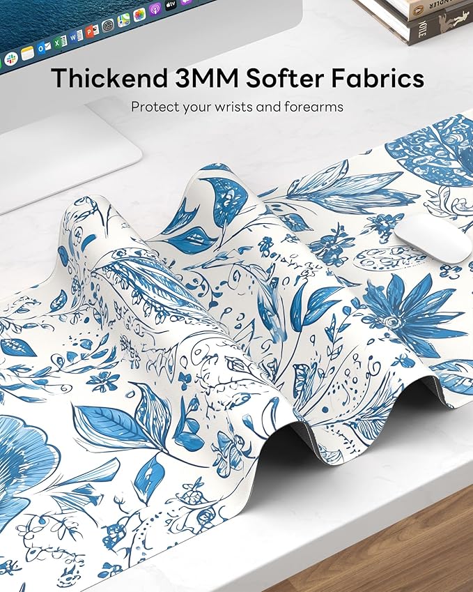 Floral Mouse Pad, 31.5 x 11.8 Large Desk Mat with Stitched Edges & Non-Slip Base, Mousepad for Office, Home, Work, Blue Flower