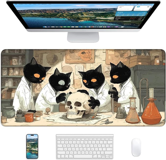 XL Gaming Mouse Pad, 31.5x15.7'' Large Desk Mat with Anti-Slip Rubber Base & Stitched Edges for Gaming, Office, Home, Professor Cat
