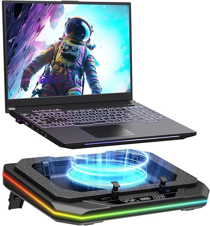 Laptop Cooling Pad, Gaming Laptop Cooler for 13-19 Inch Laptops, RGB Lights Laptop Fan Cooling Pad with 3 Height Adjustable and 3 USB Ports, 4.72 Inch Large Turbo Fan, Max 3500RPM