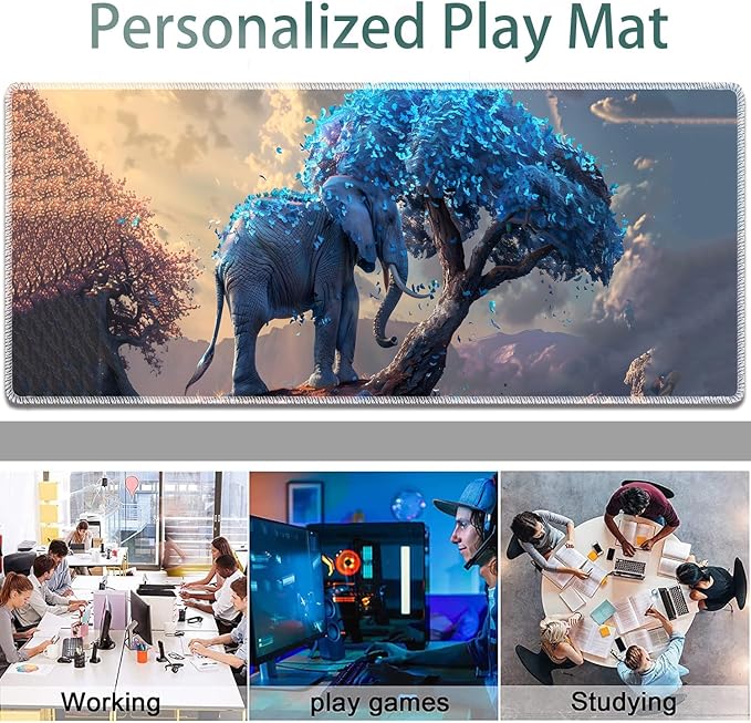 Large Gaming Mouse Pad + Keyboard Wrist Rest + Wrist Support + Coaster Set, Memory Foam Ergonomic for Easy Typing, XXL Extended Gaming Mouse Pad Table Pad - Blue Leaves and Elephants