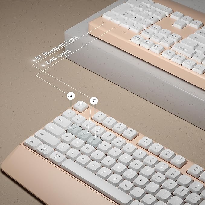 Wireless Bluetooth Keyboard, Ergonomic Wireless Keyboard with Wrist Rest, 2.4GHz & Bluetooth Dual-Mode Compatibility for PC, Laptop, Windows, Mac, and More (White Milk Tea)