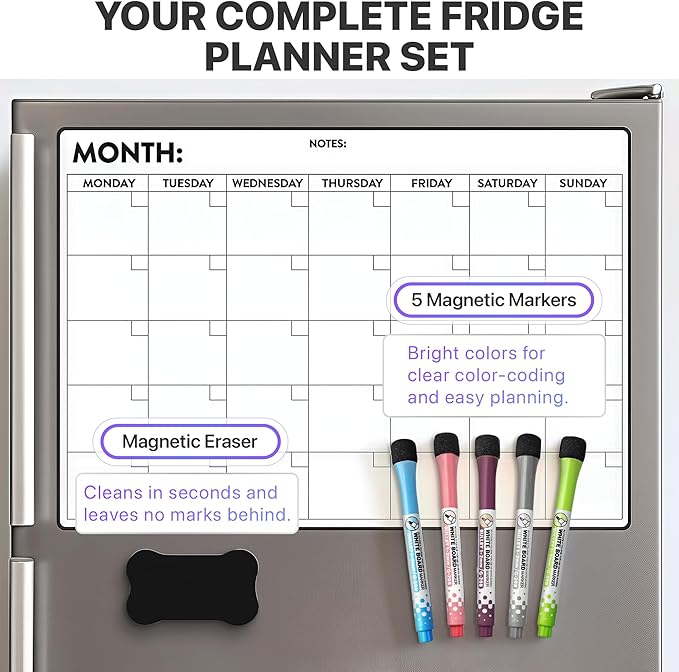 Monthly Magnetic Dry Erase Calendar for Refrigerator – Monday Start Calendar Magnet 17 x 12” | Whiteboard Calendar for Fridge | Include 5 Markers & Eraser - Freedom Mastery