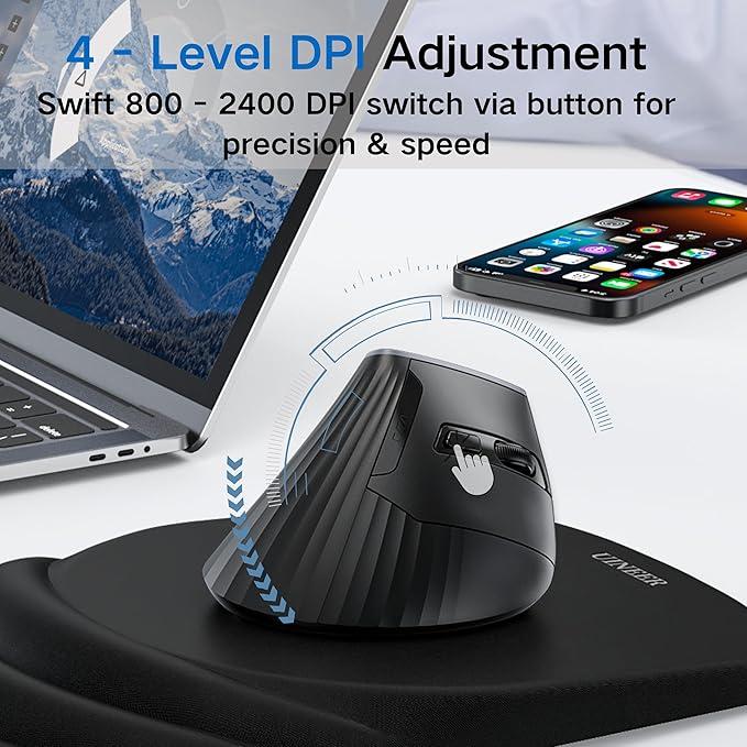 Uineer Ergonomic Bluetooth Mouse 5.0/4.0 Mouse, 2.4GH Vertical Wireless Mousewith USB-A Receiver, Battery Powered, 3 Multi-Device Connectivity for Computer/PC/Laptop, 4 DPI Optical Gaming Office Mice