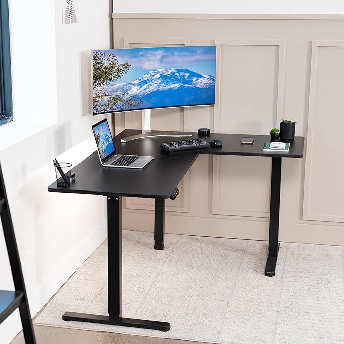 VIVO Corner Standing Desk, 63 x 47 inch Reversible L-Shaped Workstation, Electric Height Adjustment, Home, Office, and Reception Rooms, Black Table Top Black Frame, DESK-E3CTB-47