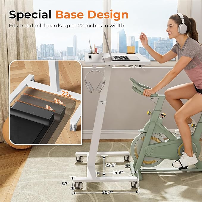 JOY worker Tiltable Treadmill Walking Pad Desk, 31.5" Small Pneumatic Height Adjustable Standing Desk with Cup Holder & Towel Rack, Mobile Bike Trainer/Cycling Stand for Home Office Fitness, White