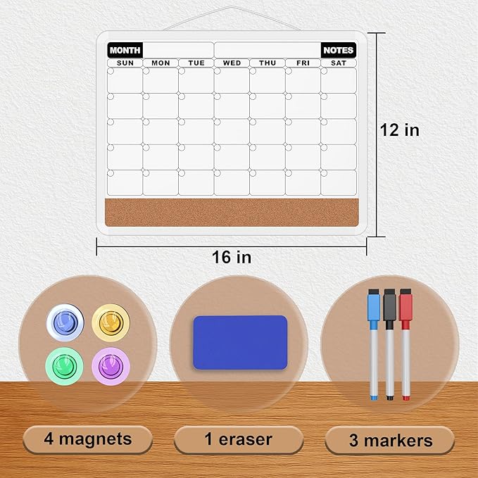 Monthly Calendar Dry Erase Board 16x12 Inch, Double-Sided Whiteboard and Corkboard Combo, Plastic Frame Wall Mounted Planner Organizer with Markers, Magnets, Push Pins, Eraser, for Home Office School