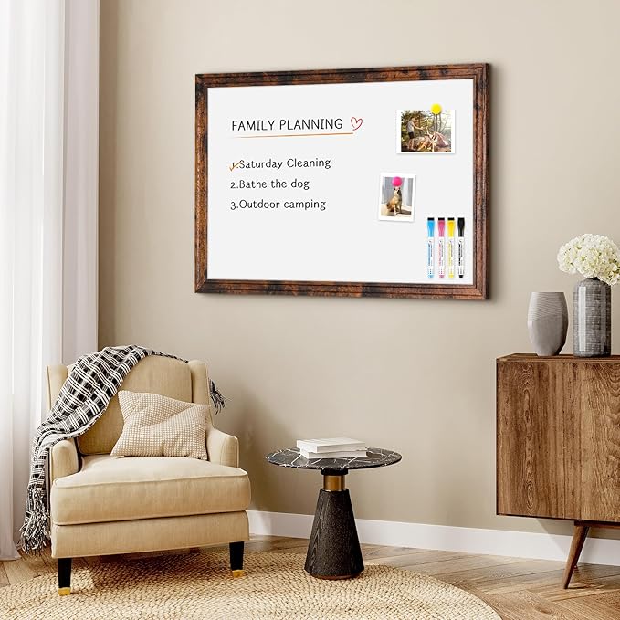 4 THOUGHT Dry Erase Board, 36" x 24" Magnetic Whiteboard Brown Vintage Wood Frame Wall-Mounted White Board Decorative Notice Board School, Office, Home, 8 Magnets 4 Markers 1 Eraser