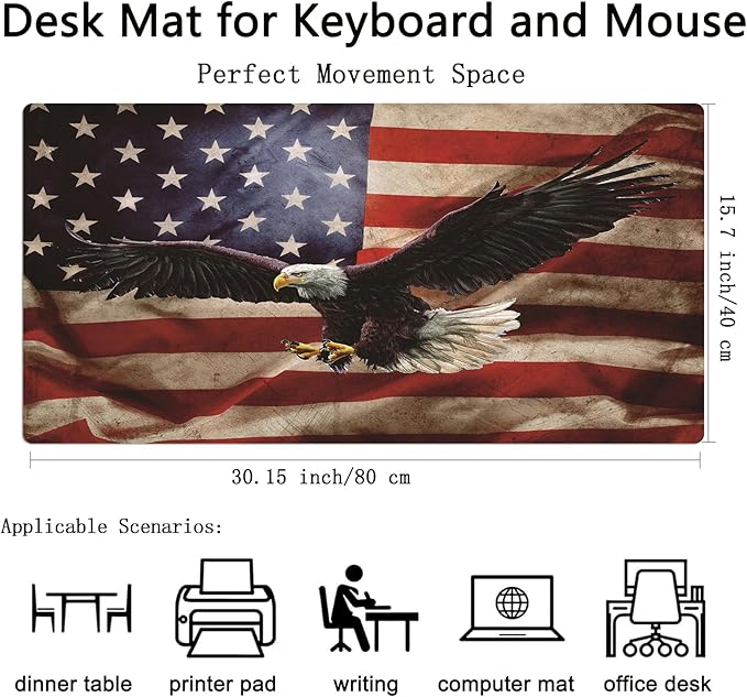 EOBTAIN Gaming Large Mouse Pad Vintage American Flag Desk Mat for Keyboard and Computer 31.5x15.7 Inch Non-Slip Rubber USA Bald Eagles XXL Mousepad with Stitched Edges for Office Laptop and Home