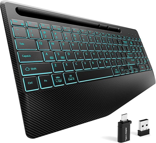 Hamile 2.4G&Bluetooth Wireless Keyboard - Light Up Keyboards with Wrist Rest - 8 Backlit Effects - Slim Rechargeable Silent with Holder for Windows, Mac, Black