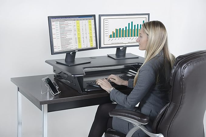Kantek Standing Desk Converter, Adjustable Upto 20", Extra Wide Platform, Fits Dual Monitors, Sit to Stand Home Office Workstation, Grommet Hole, EZ Lift, Black