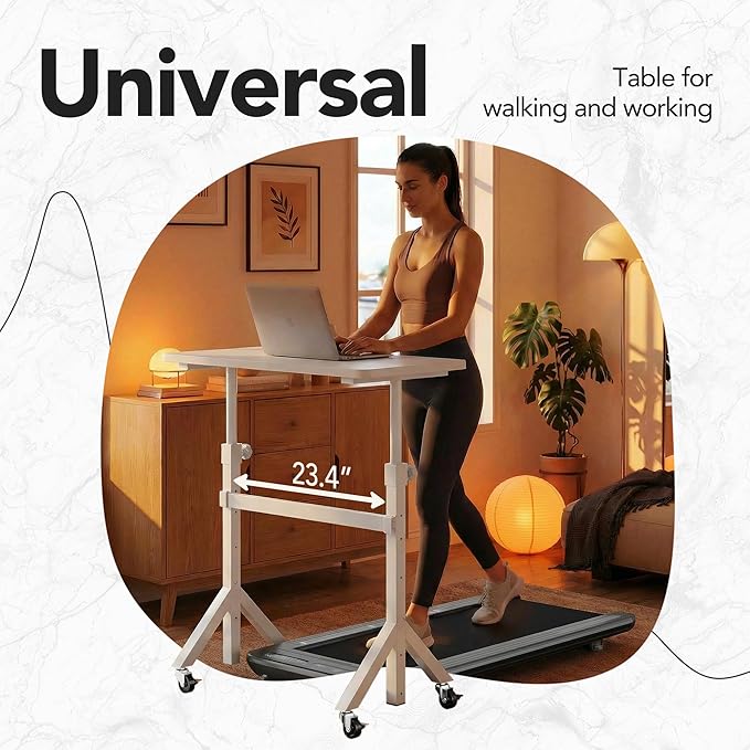 HUANUO 32'' Small Standing Desk with Wheels,28.7"-46.1" Heigh Adjustable Portable Rolling Desks,Mobile Stand Up Desk for Walking Pad and Treadmill,Sit to Stand Computer Workstation for Bedroom,White