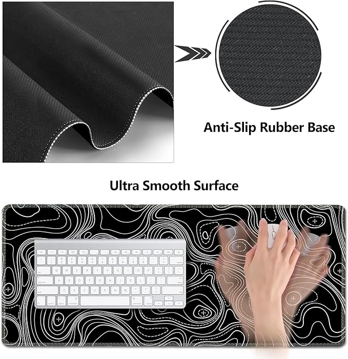 AIMSA Keyboard Mouse Pad Set, Large Gaming Mouse Pad +Wrist Rest Mouse Pad +Keyboard Wrist Support +Coaster, 35x15.7 inch Extended Desk Mat for Easy Typing Pain Relief (Black Topographic)