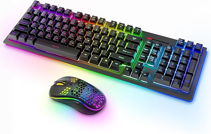 Wireless Keyboard and Mouse RGB Backlit Combo, MOOJAY Rechargeable 2.4G Light Up Cordless Gaming Keyboard with Ergonomic Wireless Wired Dual Mode Mice Set, for PC/Laptop/Windows/Mac - Black