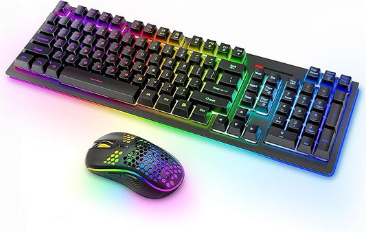 Wireless Keyboard and Mouse RGB Backlit Combo, MOOJAY Rechargeable 2.4G Light Up Cordless Gaming Keyboard with Ergonomic Wireless Wired Dual Mode Mice Set, for PC/Laptop/Windows/Mac - Black