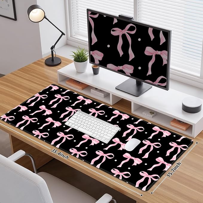 Desk Pad for Keyboard and Mouse, Large Mouse Pad for Desk, Non-Slip Keyboard Mat, Computer Mats for Desk, Cute Desk Pad with Stitched Edges for Office, Gaming I Black Pink Bow