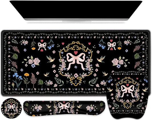 Mouse Pad with Wrist Support 4 in1 Set, XXL Big Game Mousepad + Keyboard Wrist Rest + Mouse Wrist Rest Pad +Coaster Gaming Mat for Home Office Work Computer Laptop I Vintage Floral Romantic Bow