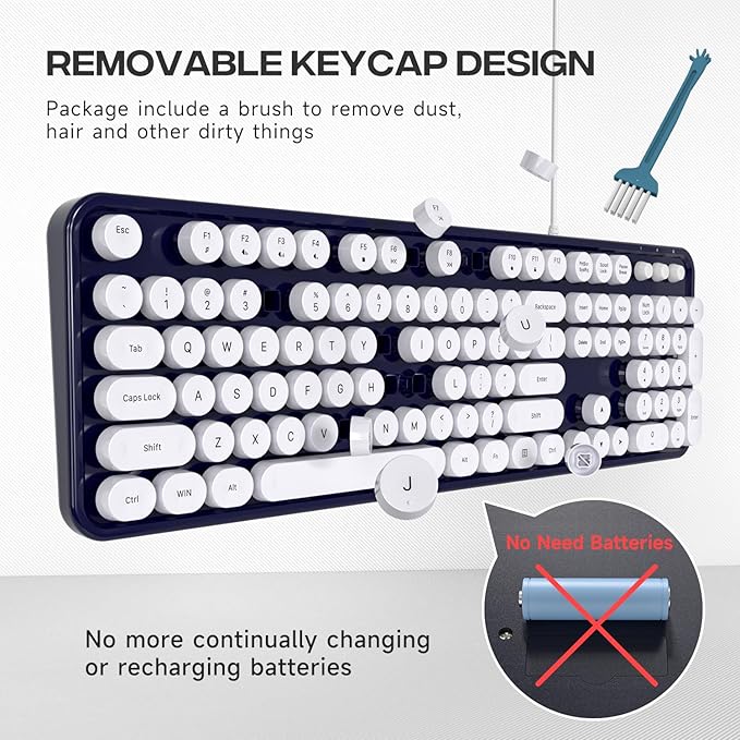 Computer Keyboard Wired, Plug Play USB Retro Round Typewriter Keyboard, Full Size Wired Keyboard with Foldable Stands for Laptop and Office PC