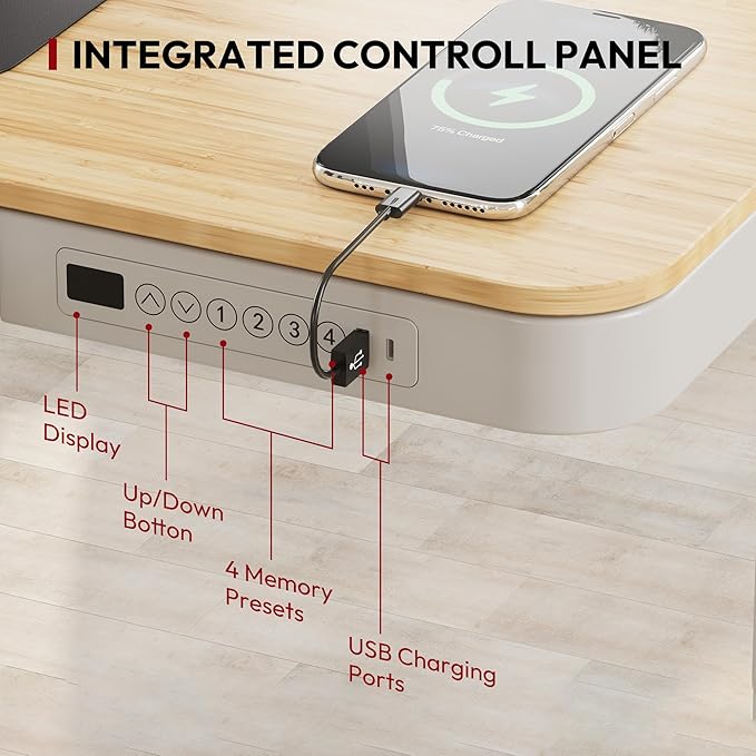 SANODESK Electric Standing Desk with Drawer, Desktop & Adjustable Frame with USB Charge Ports (Bamboo-Look Laminate/White, Wood)