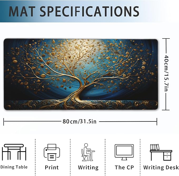Desk Mat, Blue Golden Tree and Waves Extended Gaming Mouse Pad Large, 31.5"x15.7" 3D Modern Art Landscape Mouse Pad with Non-Slip Base and Stitched Edge,Computer Keyboard Mouse Mat for Home Office