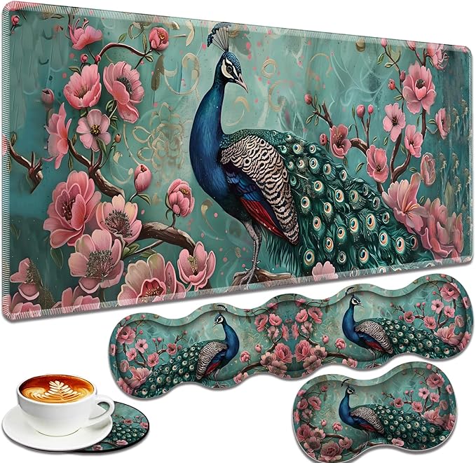 Large Gaming Mouse Pad + Keyboard Wrist Rest + Wrist Support + Coaster Set, Memory Foam Ergonomic for Easy Typing, XXL Extended Gaming Mouse Pad Table Pad - Peacock