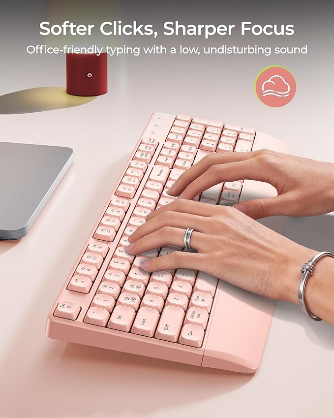 seenda Bluetooth Wireless Keyboard, Wireless Ergonomic Keyboard with Wrist Rest, Multi-Device Bluetooth Keyboard with Number Pad, Full-Size Keyboard for Computer/Laptop/Mac/MacBook, Pink