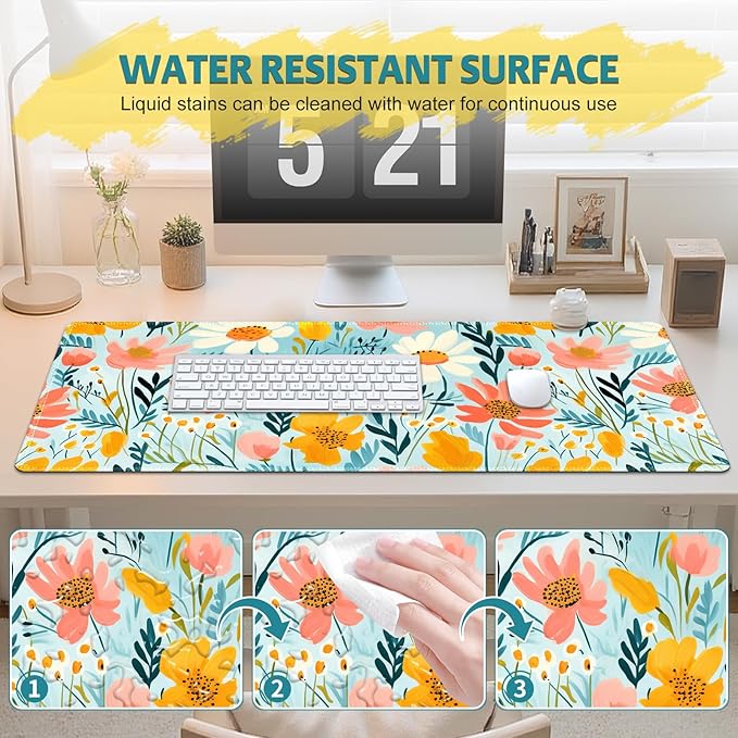 Floral Plant Desk Pad Mouse Pad, Large Gaming Mouse Mat with Stitched Edges, Non-Slip Waterproof Rubber Base Mous Mat for Office Computer Keyboard Laptop Home Decor Women (35.4X17.5 in),Botanical