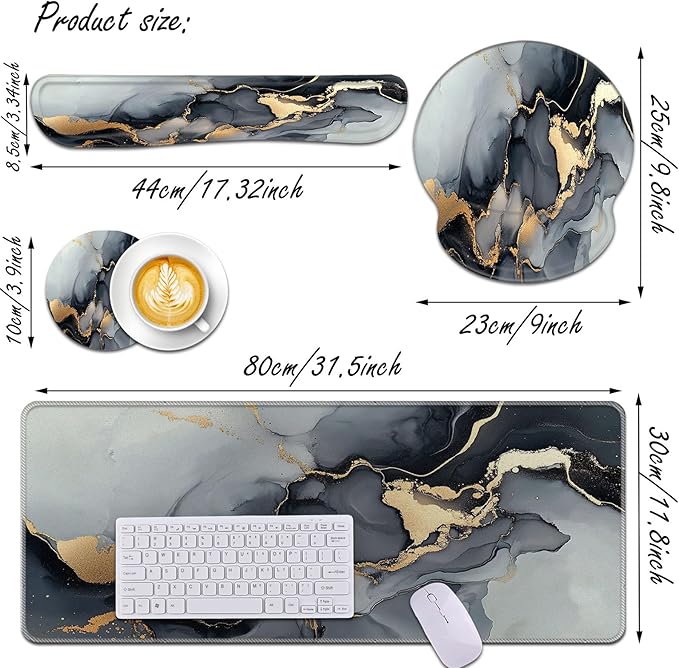 Keyboard Wrist Rest and Mouse Pad Wrist Support Set,Ergonomic Memory Foam Wrist Pad & Non Slip Base for Home Office Working Studying Easy Typing,Pain Relief(Black Gold Marble)